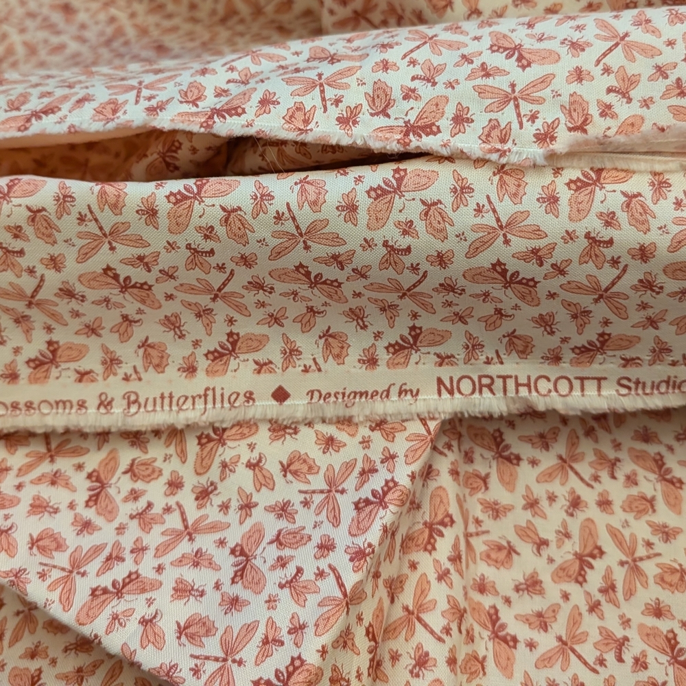 Blossoms & Butterflies Cream and Coral Cotton Fabric